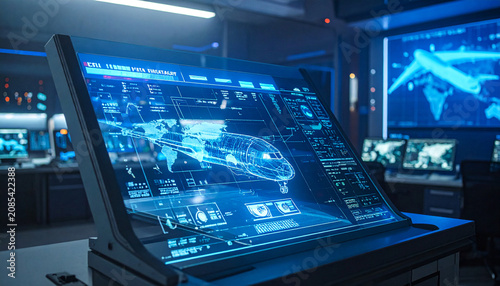 Control Room Command Center: A futuristic control room features a large holographic display showcasing a detailed 3D model of an aircraft, surrounded by monitors and advanced technology.