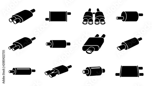 Foto Automotive Exhaust Muffler Icons, Vector Set: Car Parts, Vehicle Components, Sil