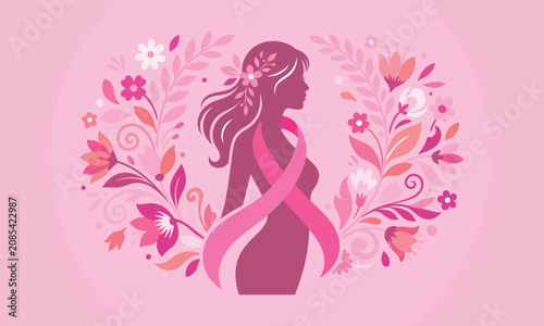 Breast cancer awareness pink ribbon silhouette of woman with floral elements