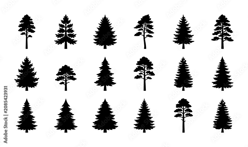Obraz premium Diverse Evergreen Tree Silhouettes, Conifer Forest Icons, Pine and Fir Vector Graphics for Nature and Woodland Designs