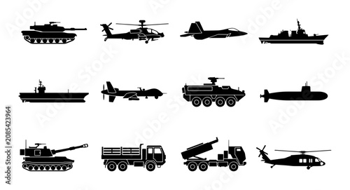 Canvastavla Military Vehicle Icons Set, Army Transport Silhouettes, War Machine Collection,