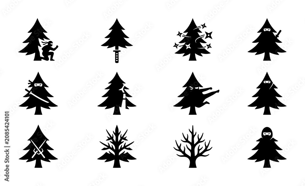 Obraz premium Ninja Christmas Tree Icons Set, Festive Winter Forest Silhouette Collection, Holiday Graphic Elements for Seasonal Design