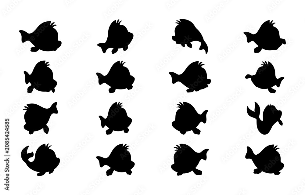 Fototapeta premium Set of 16 Black Silhouette Fish Icons, Various Poses, Simple Vector Graphics for Marine Life and Aquatic Themes