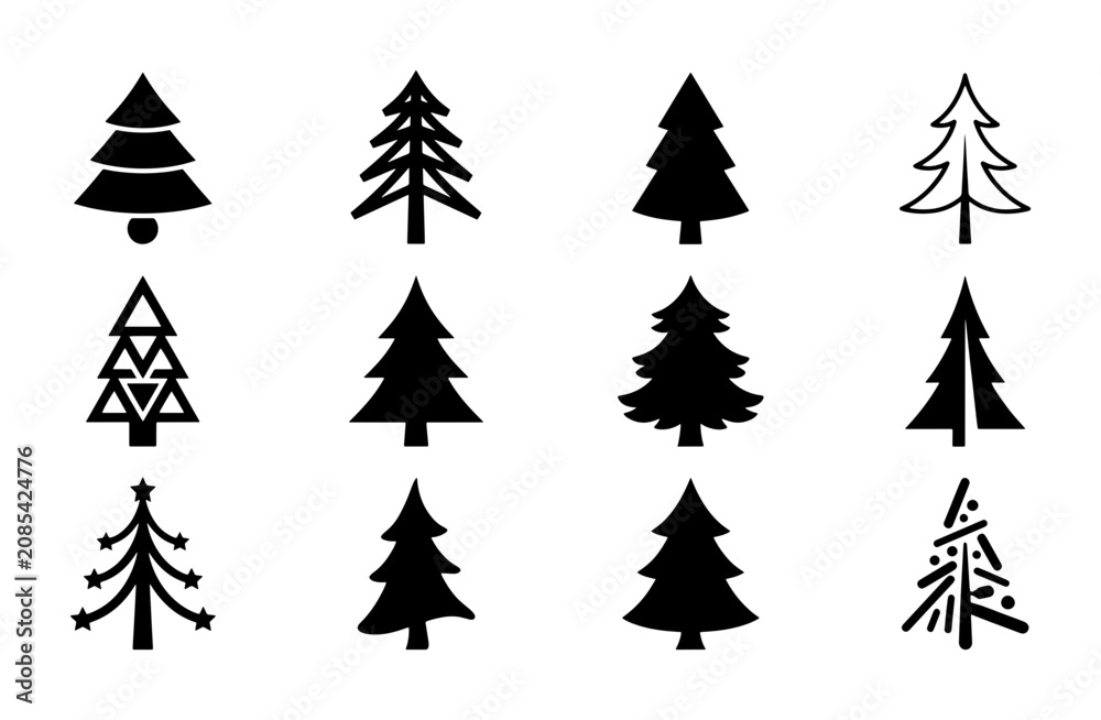 Obraz premium Set of 12 Minimalist Christmas Tree Icons, Simple Vector Graphics for Holiday Design, Festive Evergreen Silhouettes