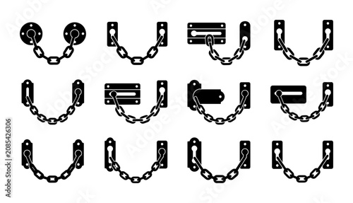 Security Chain Lock Vectors, Door Guard Hardware Set, Metal Fastener Icons, Safety Chain Illustrations for Protection and Access Control