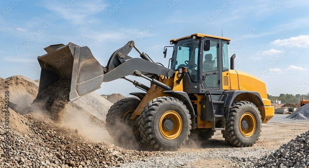 Fototapeta premium Heavy Wheel Loader Moving Gravel at Construction Site Under Blue Sky