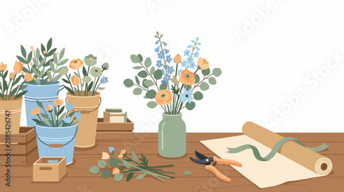 Botanical illustration of potted plants and gardening tools on wooden table.