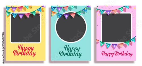 Happy birthday photo frame templates with colorful bunting flags and pastel festive card design