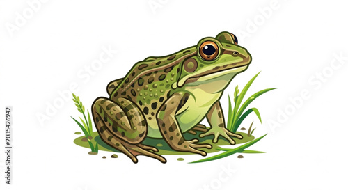 Cute cartoon green spotted frog sitting on grass isolated on white background