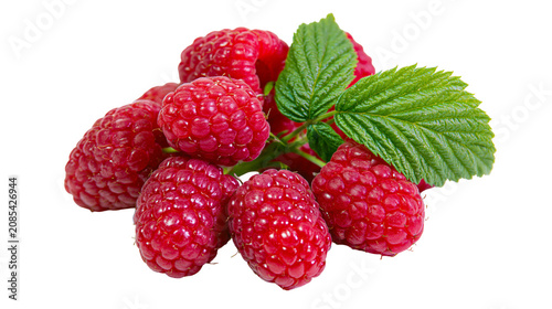 Foto Fresh red raspberries with green leaves