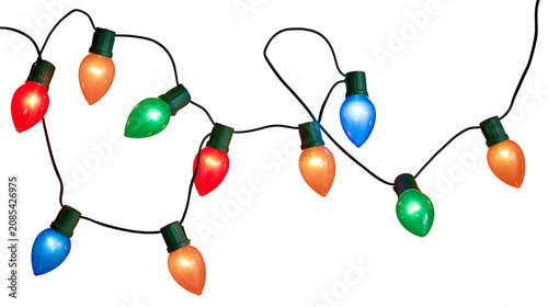 String of colorful Christmas lights with red orange green, and blue bulbs