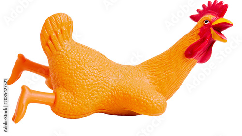 Konstfotografi Orange rubber chicken toy with red comb and wattle