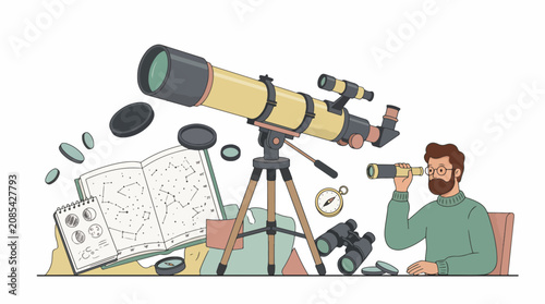 Quadro em tela Astronomer with telescope and star maps in observatory.