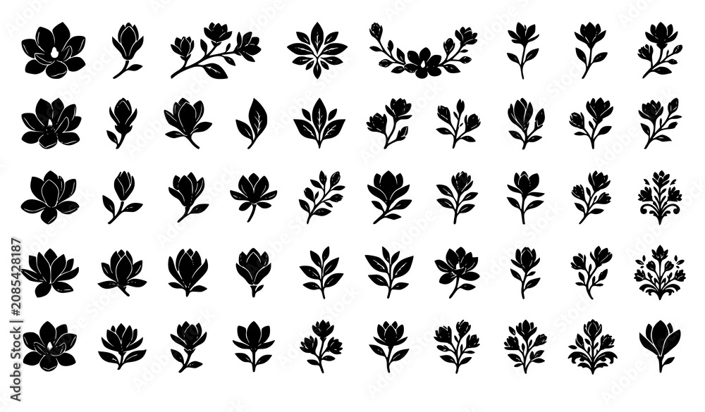 Fototapeta premium Modern Magnolia Botanical Silhouette Collection with Floral Branch and Leaf Vector Icons