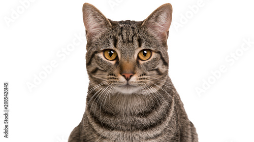 Fotografie Tabby cat face with yellow eyes and striped fur