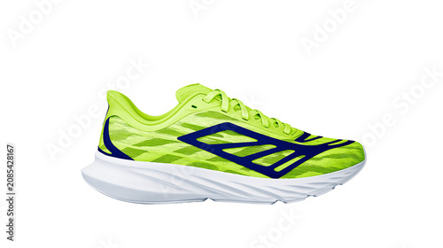 Neon yellow running shoe with blue accents and white sole