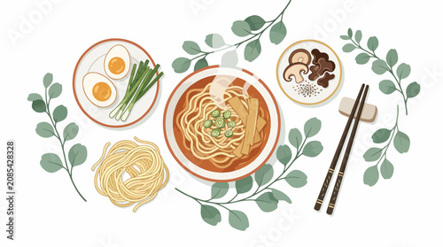 Schilderij op canvas Colorful Asian Noodle Dish with Eggs and Garnishes.