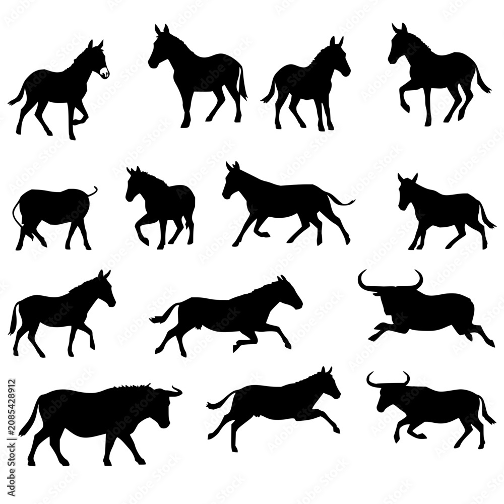 Obraz premium Equine set with twelve black silhouette illustrations arranged in a grid pattern featuring donkeys, mules, bulls with dynamic poses and minimalist vector style