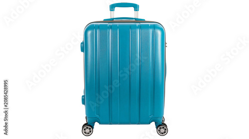 Fotografie Turquoise hard-shell suitcase with telescopic handle and wheels