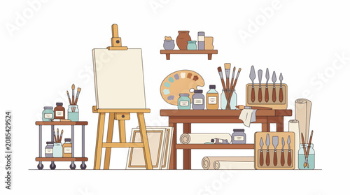 Colorful artist studio with easel and art supplies.
