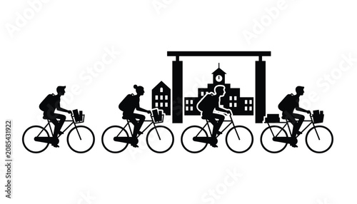Group of students riding bicycles with books past school building symbolizes academic commute and educational pursuit in a clean black silhouette.