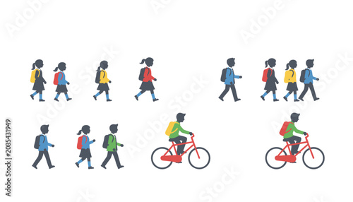 Group of school children walking and riding bicycles represents education commuting lifestyle and active childhood in a modern flat vector design.