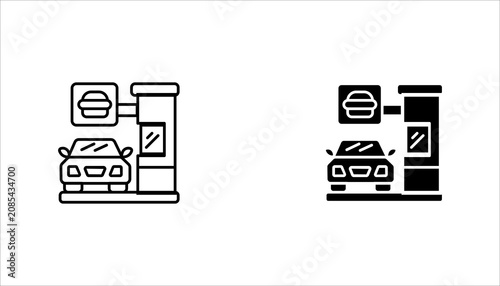lack glyph icon set. of a car at a drive thru window with a burger symbol representing fast food pickup, takeaway, and quick service.