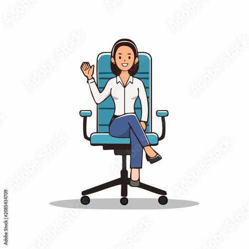Woman sitting in office chair waving hello