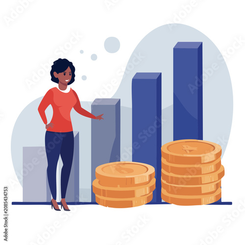Businesswoman pointing at bar chart with gold coins