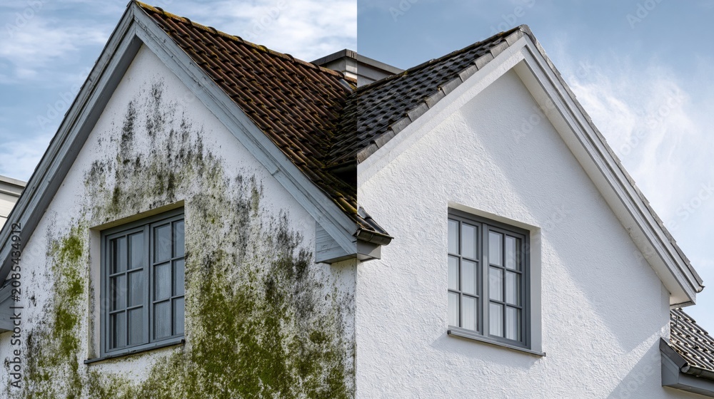 Obraz premium Before and After House Washing Comparison Showing Mold Removal and Clean Exterior Wall