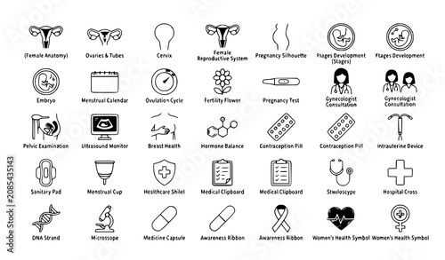 Konstfotografi Gynecology women health medical reproductive care flat vector icon set featuring