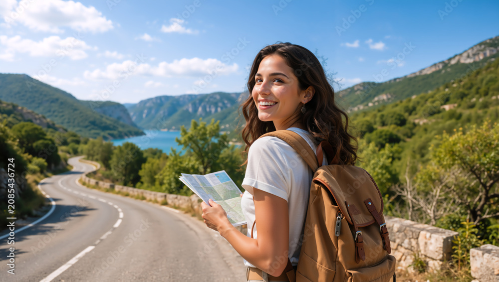 Fototapeta premium Smiling female traveler with backpack holding map on mountain road. Happy young woman looking back during road trip adventure. Tourism and exploration concept
