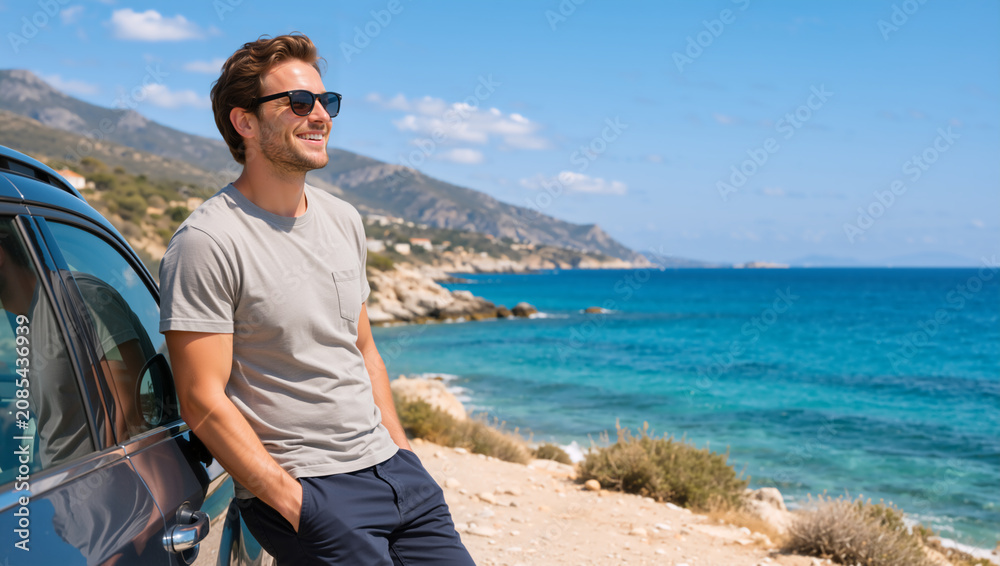 Fototapeta premium Smiling young man leaning on a car during a coastal road trip. Happy male traveler with sunglasses enjoying summer vacation by the blue ocean