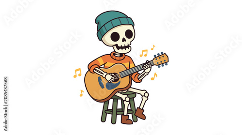 Cartoon skeleton playing acoustic guitar on a stool