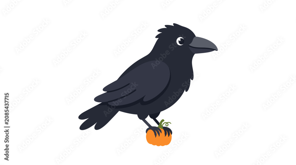Fototapeta premium Cute Cartoon Raven With A Small Pumpkin Vector Illustration