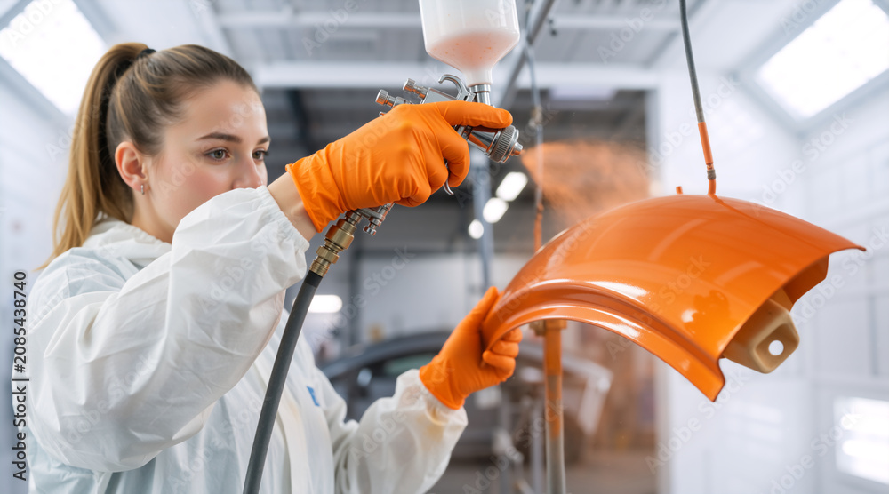 Naklejka premium Female painter in protective suit spraying orange paint on car part. Close up of professional technician working in spray booth. Automotive refinishing concept