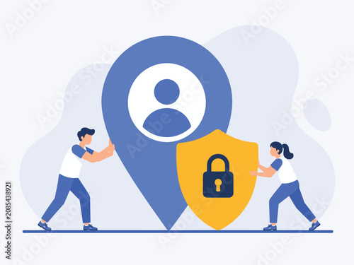Privacy Protection Illustration Concept, Protecting User Location Information From Unwanted Tracking, Oversized Map Pin With Shield and People Securing Location Privacy, Flat Vector Illustration