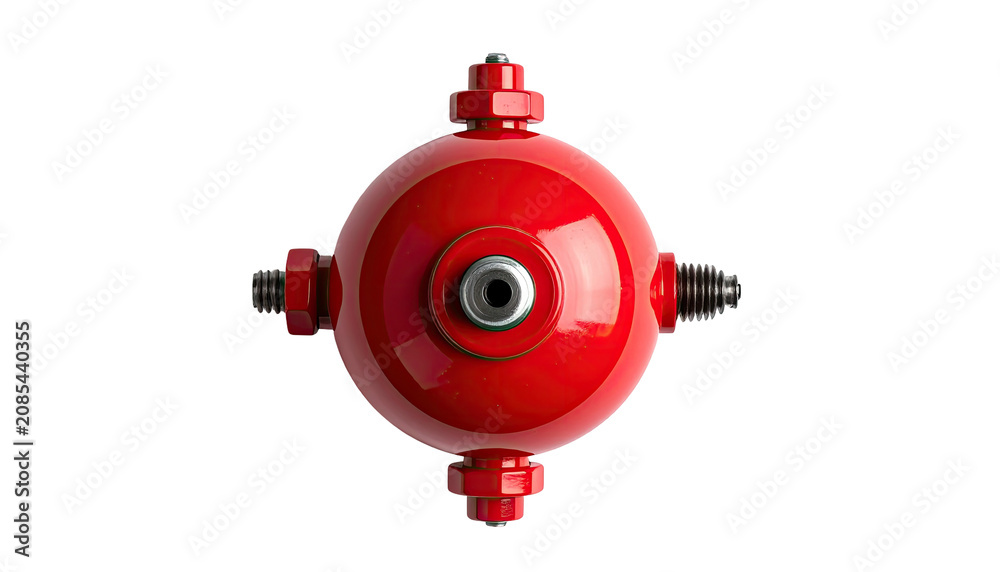 Fototapeta premium Red sphere with metallic valves, four symmetrical pipes against black