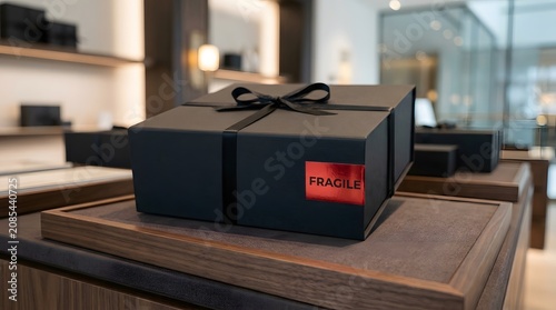 Elegant black gift box with ribbon in luxury store setting