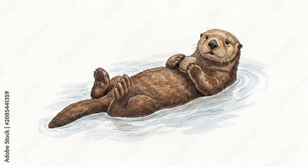 Obraz premium Watercolor illustration of a cute sea otter floating on water and holding a shell, hand-drawn animal vector graphic on a white textured background