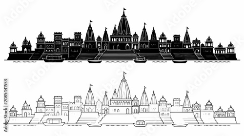 Varanasi Ghats Silhouette and Line Art Illustration