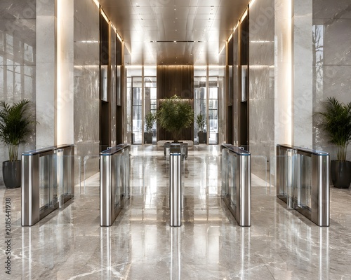 Sleek Glass Full Height Security Gate Turnstile In Corporate Lobby With Polished Marble Floors Interior