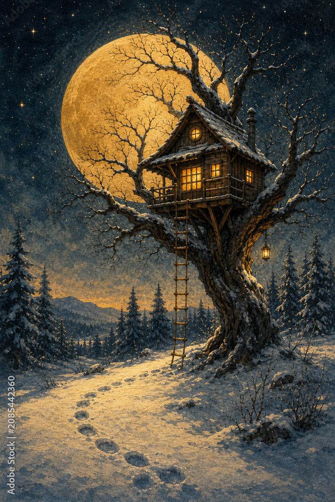 Obraz premium Winter treehouse glowing under a giant moon in the forest