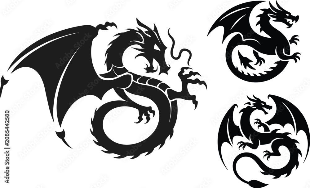 Fototapeta premium Vector illustration set of three black dragon silhouettes in tribal tattoo style isolated on a clean white background