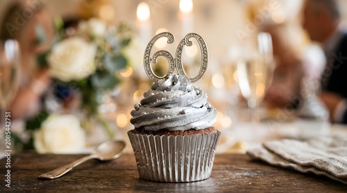 Elegant 60th Birthday Cupcake with Silver Frosting and Candle Decoration