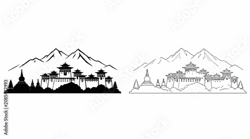 Bhutan Paro Taktsang Monastery Silhouette and Line Art Illustration