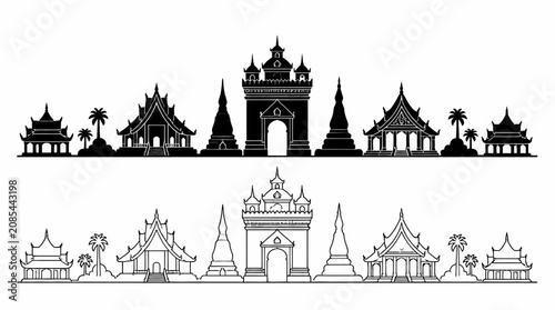 Vientiane Laos Skyline Silhouette and Outline Illustration