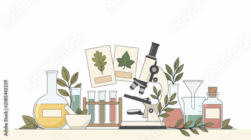 Laboratory equipment and botanical research illustration.