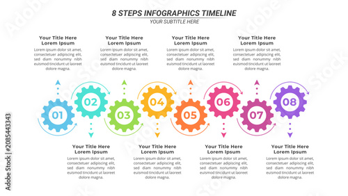 Konstfotografi 8 Steps Horizontal Gear Timeline Infographic Presentation Template with Editable