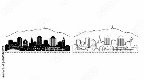 Cape Town City Skyline Silhouette and Line Art Illustration